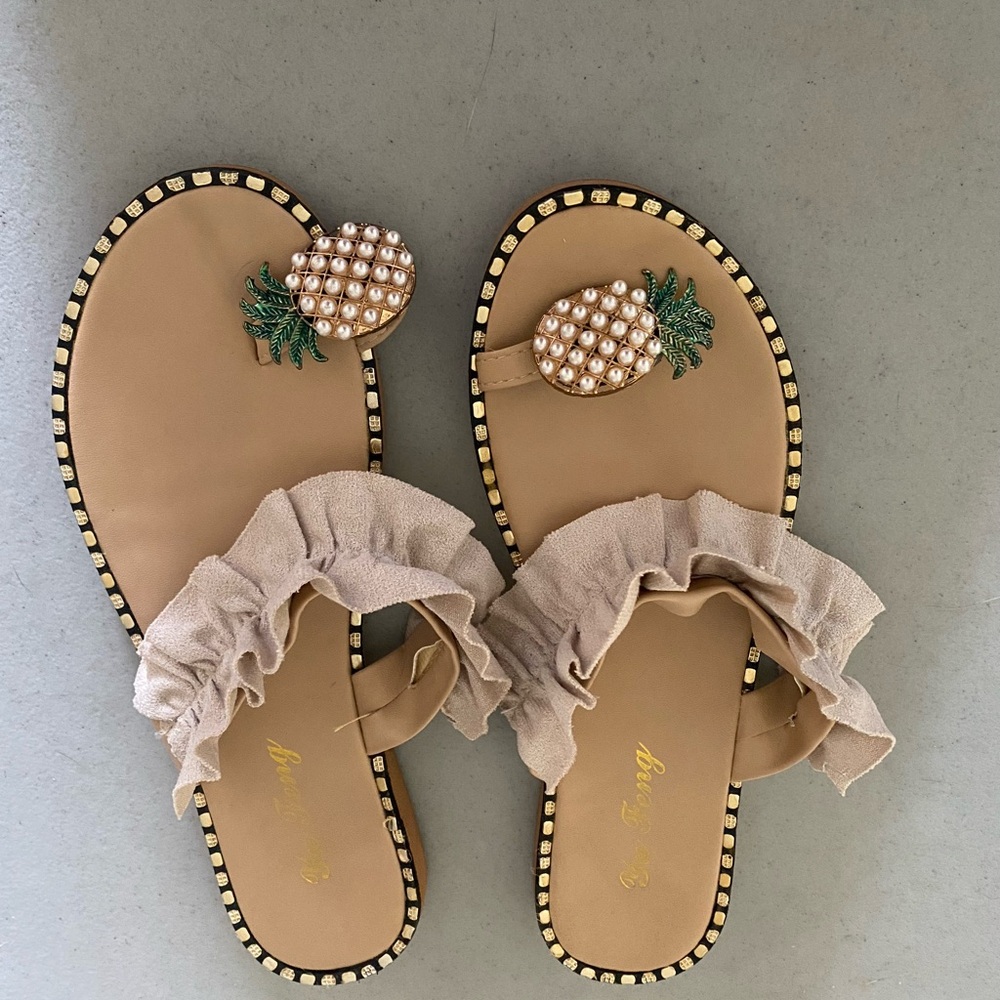Beige Pineapple Embellished Sandals